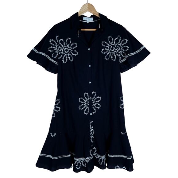 Pearl by Lela Rose Dresses & Skirts - Pearl by Lela Rose Womens Dress XS Black Embroidered Ruffle Hem Boho Cottagecore